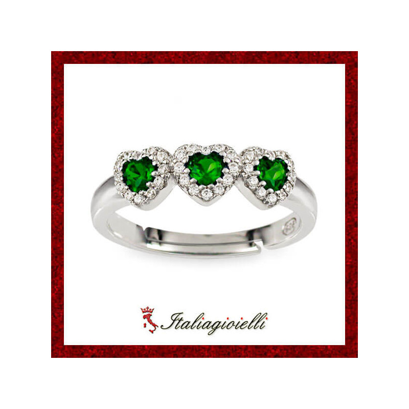 Splendido Anello Trilogy Cuori Smeraldo in Argento 925 - Italiagioielli